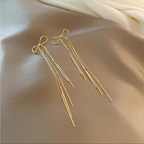 “Sweet Intentions” Gold Bow Dainty Delicate Tassel Sterling Silver Stud Earrings - Picture 2 of 7